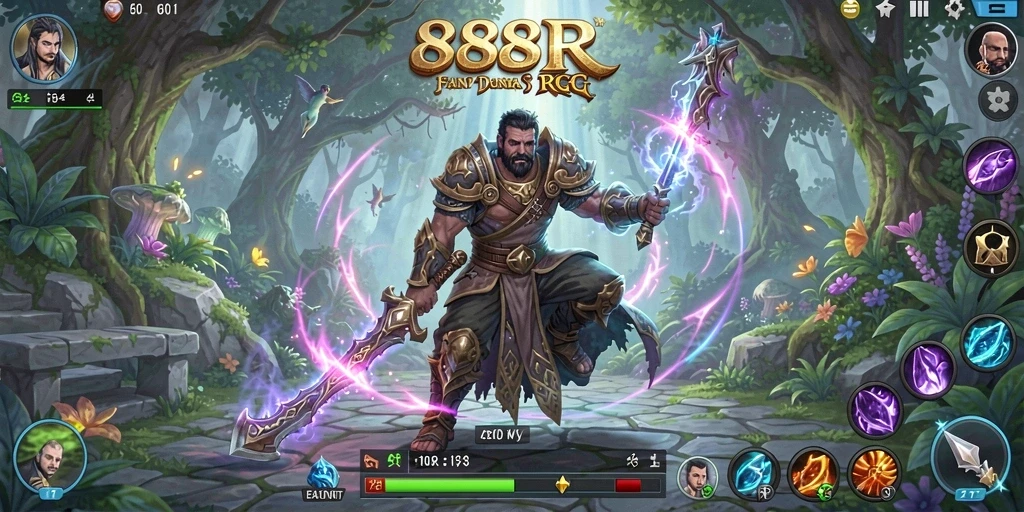 Tampilan screenshot 888R yang menampilkan pertempuran seru di dunia RPG.