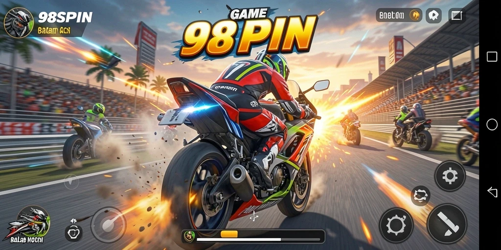 Tampilan gameplay balap motor 98SPIN yang penuh aksi dan seru.