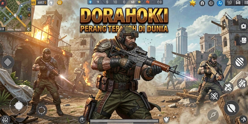 Tampilan gameplay DORAHOKI dengan aksi pertarungan Battle Royale yang seru.