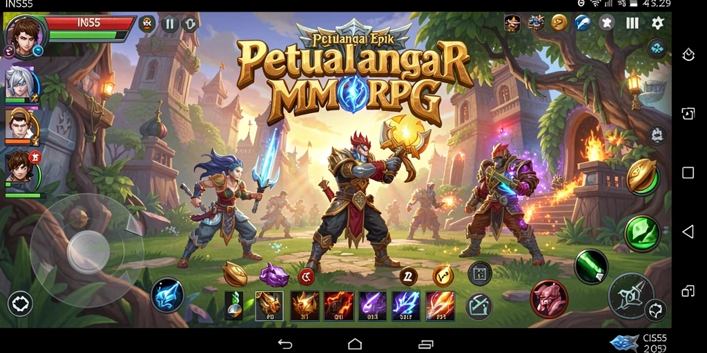 Screenshot gameplay INS55 menunjukkan pertarungan menegangkan di dunia fantastis.