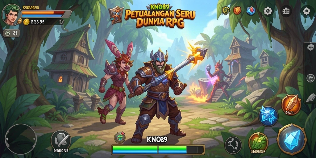 Screenshot utama KNO89 menampilkan pertarungan epik dalam permainan RPG.