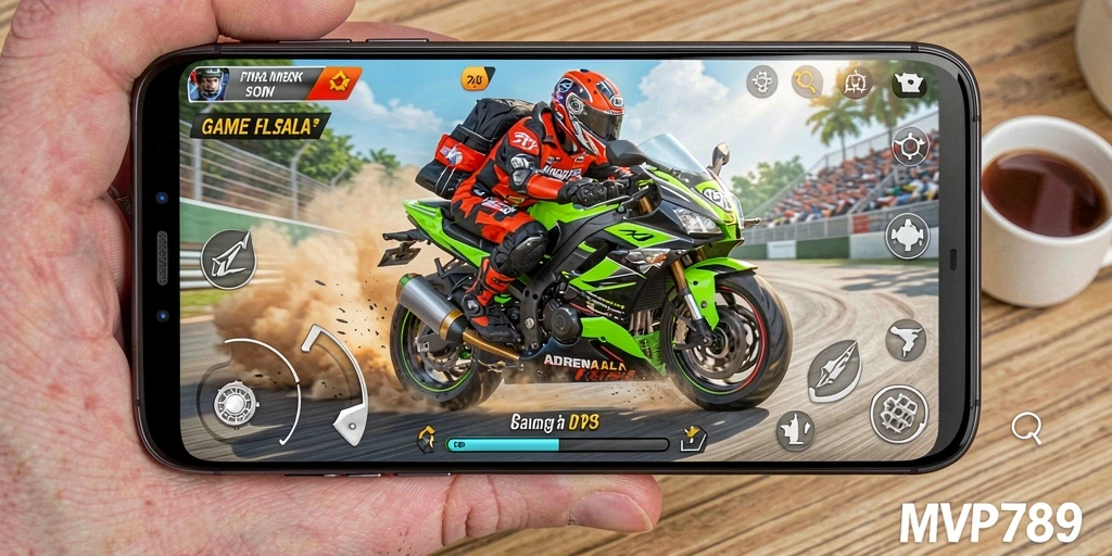 Tampilkan gameplay seru dalam balapan motor mendebarkan.