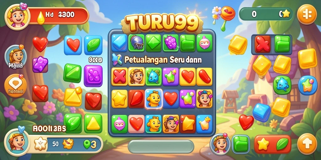 Tampilan gameplay seru dalam TURU99 dengan berbagai level Match-3.